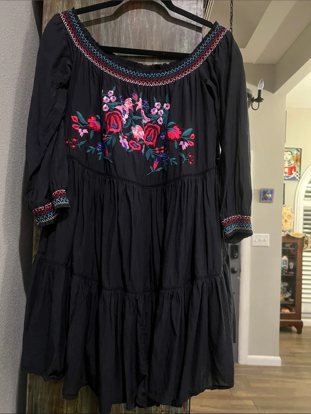 Free People Black Strapless Boho Dress with Pink & Red Floral Embroidery